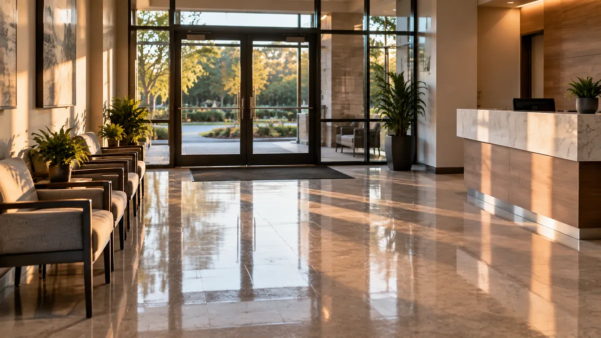 A clean office break room with wiped counters, a spotless sink, the microwave door open on a clean interior, and a mopped tile floor
