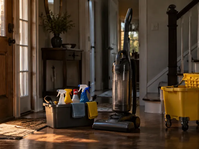 Cleaning supplies laid out in order on a kitchen island, rubber gloves, sponges, a squeegee, folded microfiber cloths and a bucket, before the first room is started