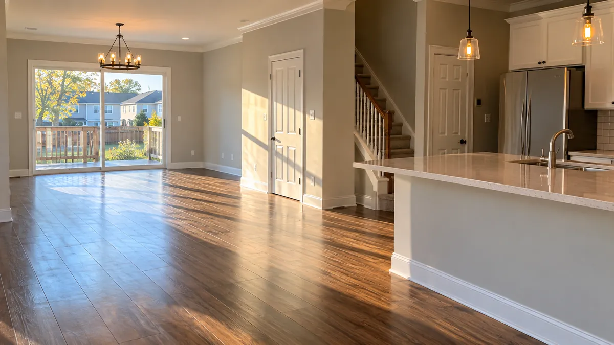 Wide view of an empty townhouse main floor cleaned for new owners, bare mopped floors and clear counters lit by daylight through sliding glass doors