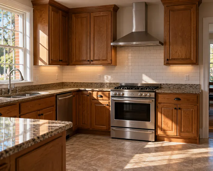 Kitchen with wiped cabinet fronts and a clean stovetop after a deep clean