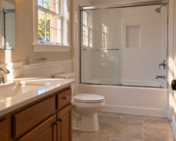 Scrubbed white tub and tile with bright grout and clean chrome fixtures