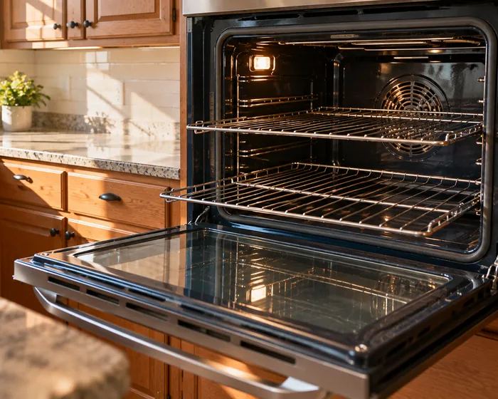 Open oven with a clean interior and clear door glass