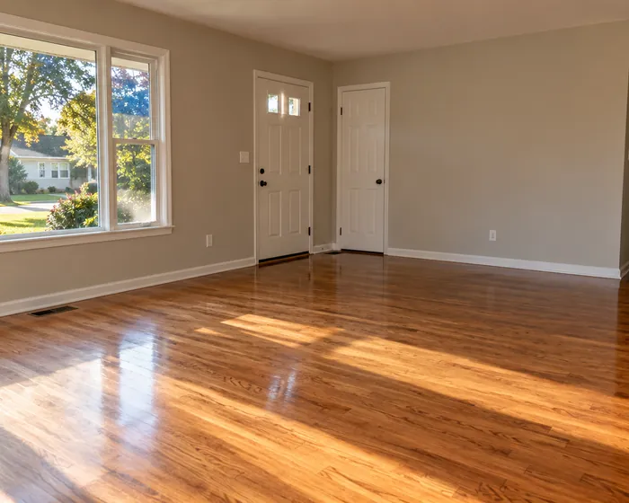Empty living room with mopped hardwood floors and washed walls