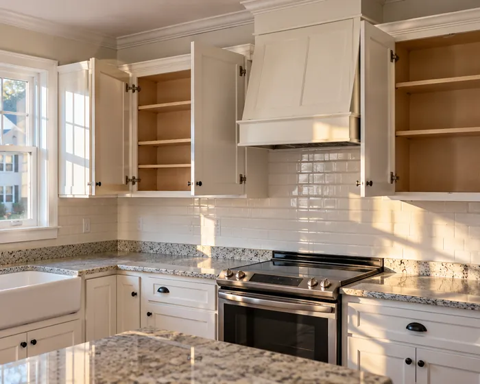 Open, empty upper cabinets with shelves wiped clean inside