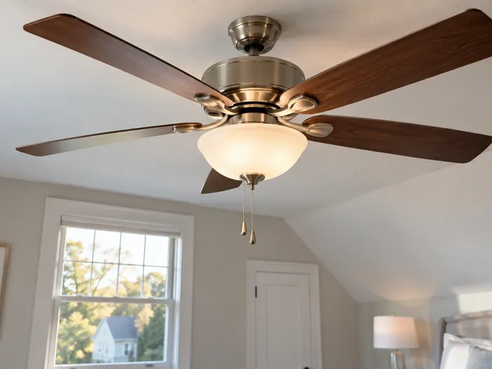 Dust-free ceiling fan blades and light globe in a bedroom