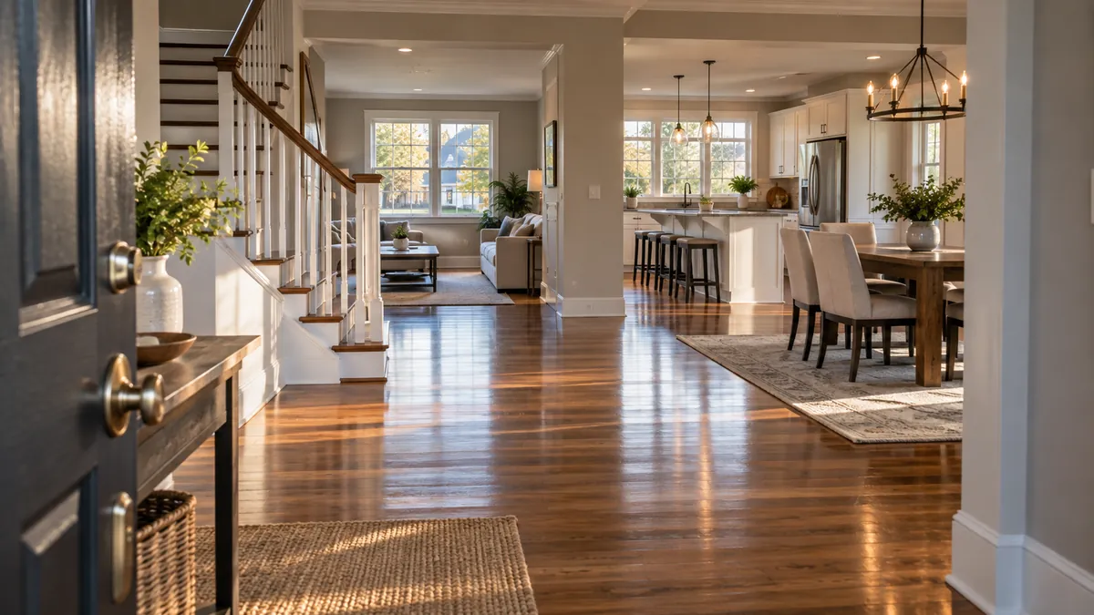 The whole main floor of a two-story house after a full clean, seen from the front door, mopped hardwood running through the hall and dining room into a clear kitchen